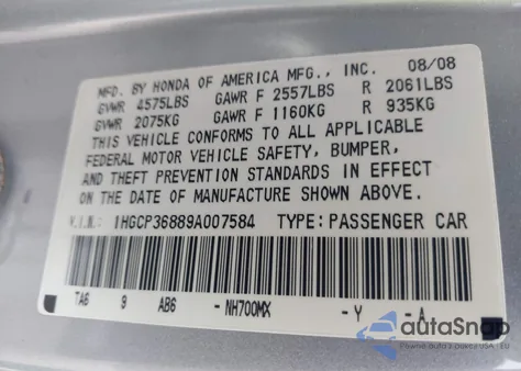 2009 Honda Accord 3.5 Ex-L from USA, damaged, VIN 1HGCP36889A007584